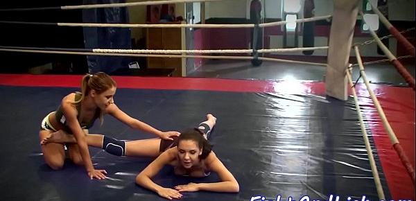  Lesbian babes wrestle in boxing ring